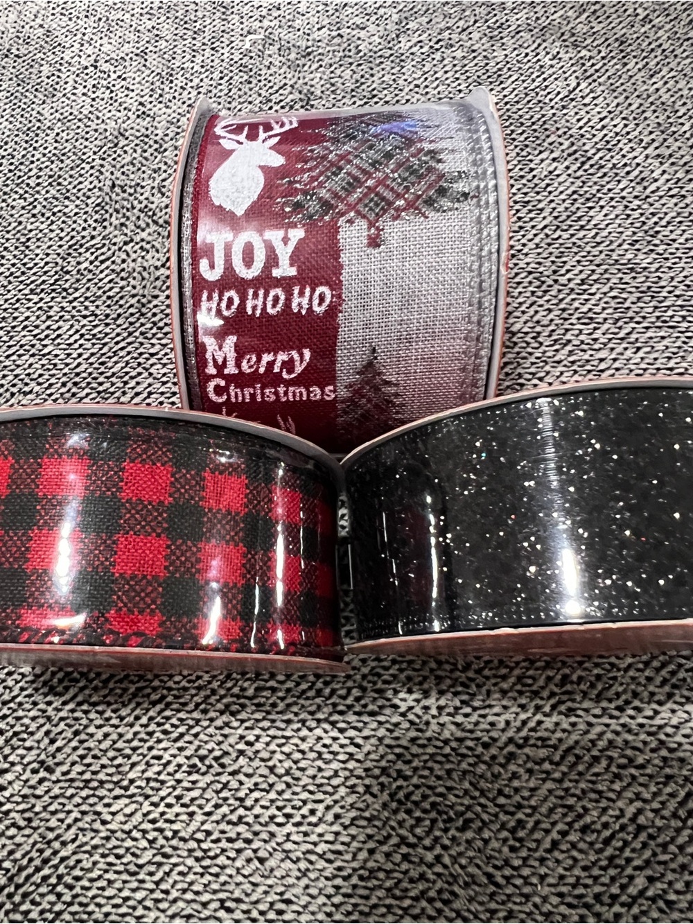Holiday Decorative Ribbon Set - Red Plaid and Black Glitter
